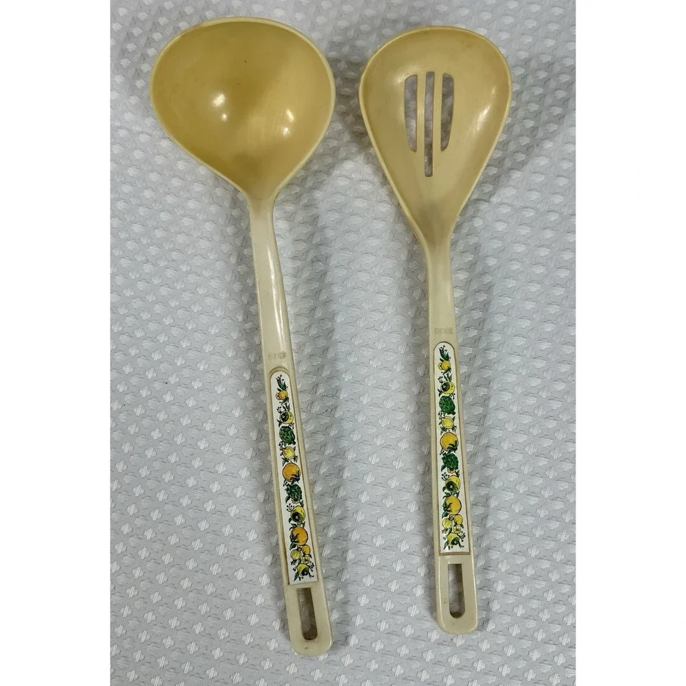 Vintage EKCO Nylon Ladle & Slotted Spoon Set Lemon Floral Handle 1970s Kitchen‎